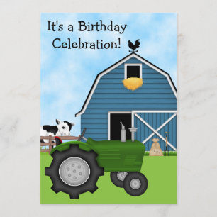 Green Tractor and Blue Barn Birthday Invite ~ Boys