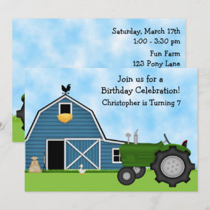 Green Tractor and Blue Barn Boys Birthday Invite