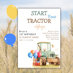 Green Tractor And Farm Kid's Birthday Party  Invitation