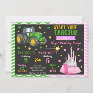 Green Tractor and Princess Joint Birthday Invitation
