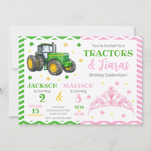 Green Tractor and Princess Joint Birthday Invitation (Front)