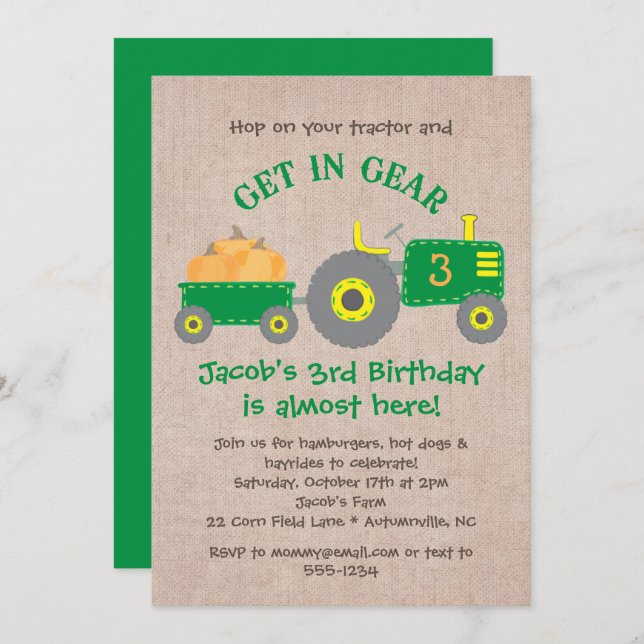 Green Tractor and Pumpkins Fall Birthday Boy Party Invitation (Front/Back)