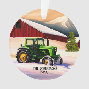 Green Tractor and Red Barn Ornament