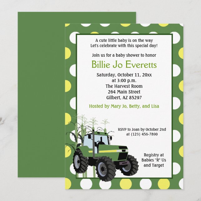 Green Tractor Baby Shower 5x7 Invitation (Front/Back)
