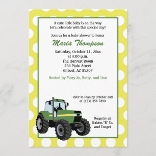 Green Tractor Baby Shower 5x7 Invitation (Yellow)