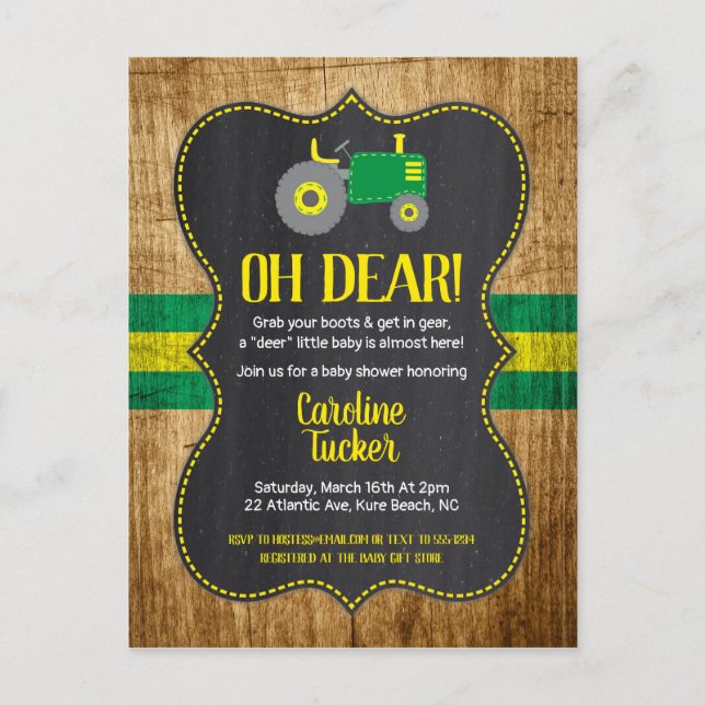 Green Tractor Baby Shower Invitation Postcard (Front)