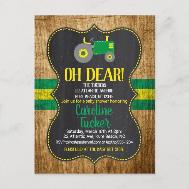 Green Tractor Baby Shower Invitation Postcard (Front)