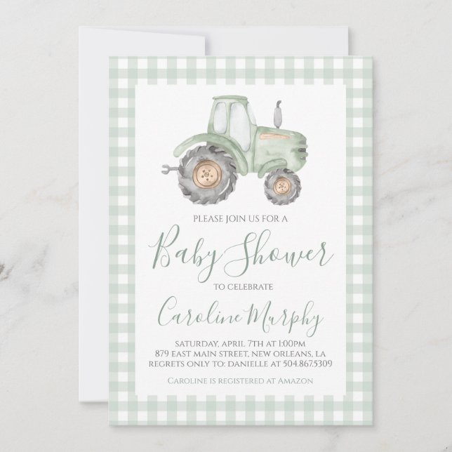 Green Tractor Baby Shower Preppy Gingham Invitation (Front)
