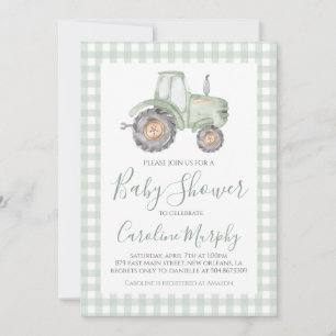 Green Tractor Baby Shower Preppy Gingham Invitation