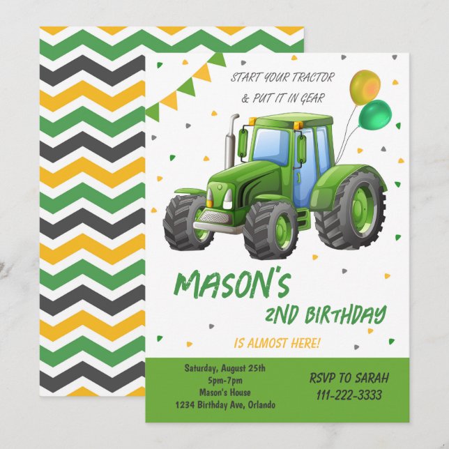Green Tractor Balloon Birthday Invitation (Front/Back)