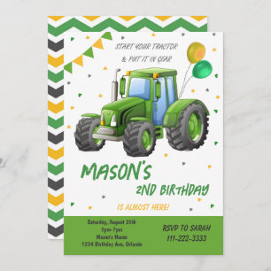 Green Tractor Balloon Birthday Invitation