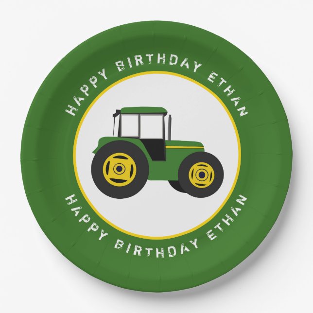 Green Tractor Birthday Custom Paper Plate (Front)