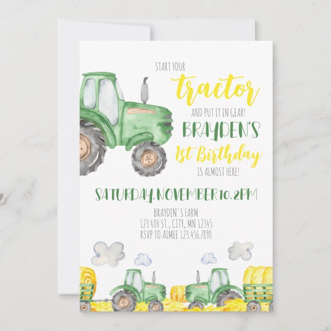 Green Tractor Birthday Invitation (Front)