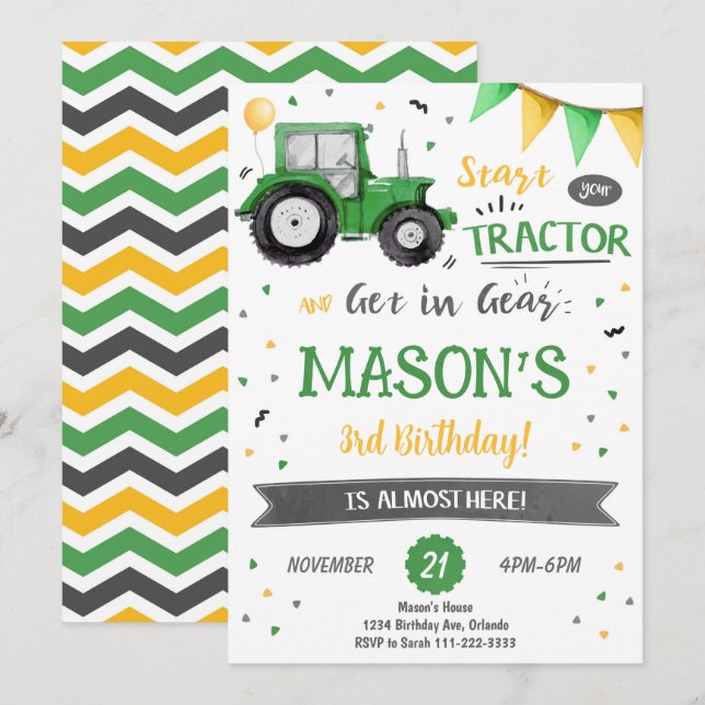 Green Tractor Birthday Invitation (Front/Back)