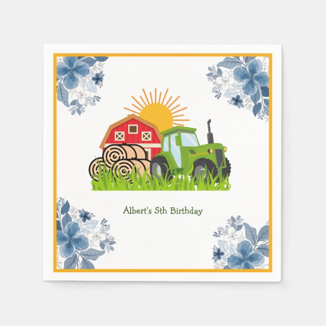 Green Tractor | Birthday Party decor Napkins (Front)