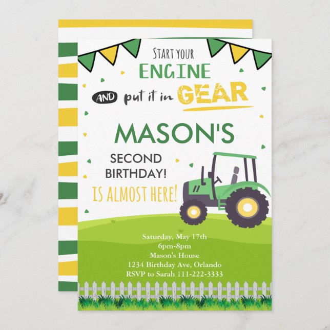 Green Tractor Birthday Party Invitation (Front/Back)