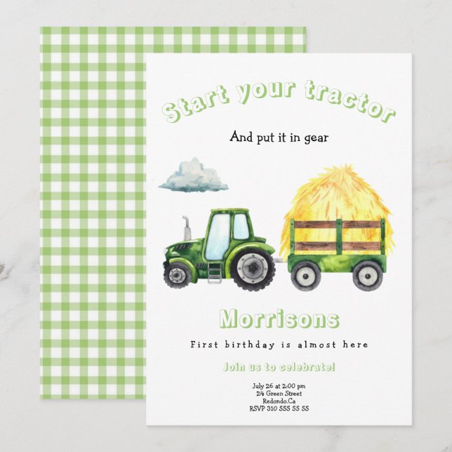 Green Tractor Birthday Party Invitation (Front/Back)