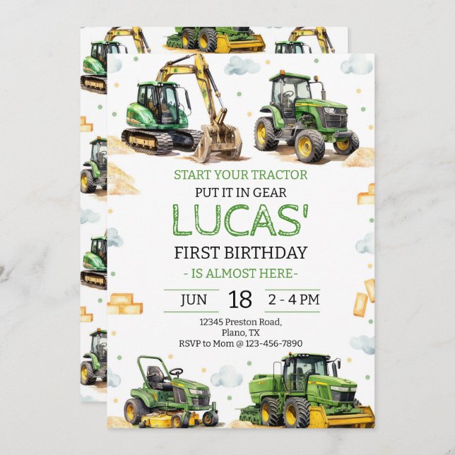 Green Tractor Birthday Party Invitation (Front/Back)