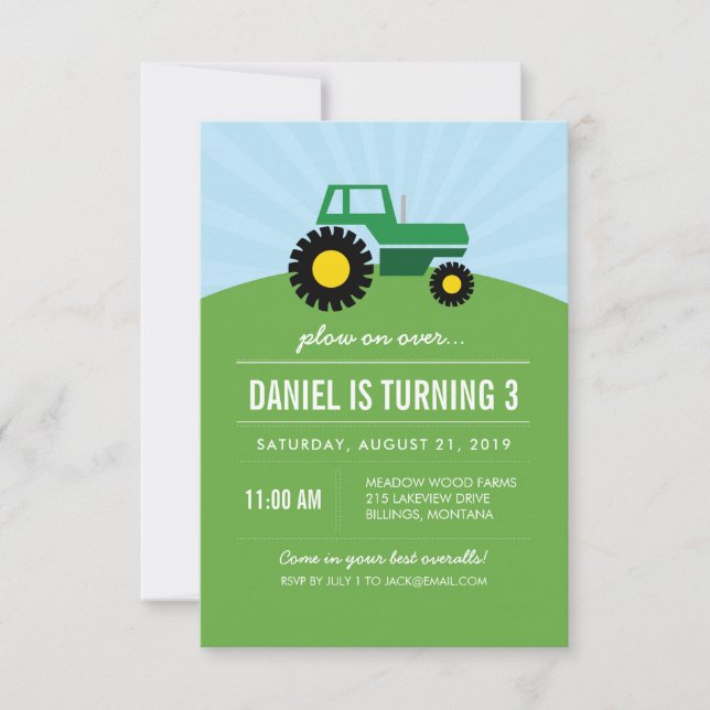Green Tractor Birthday Party Invitation (Front)