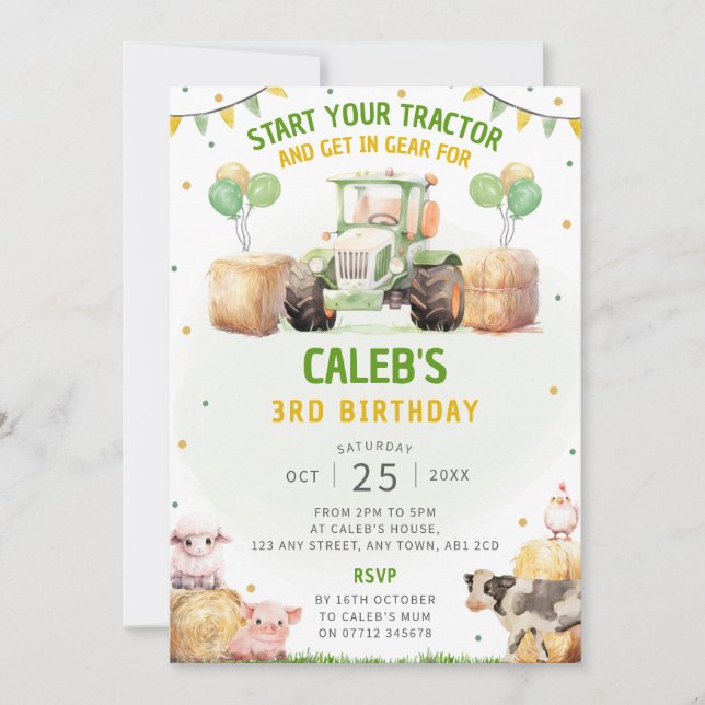 Green Tractor Birthday Party Invitation Farm Theme (Front)
