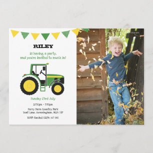 Green Tractor Birthday Party Invite With Photo
