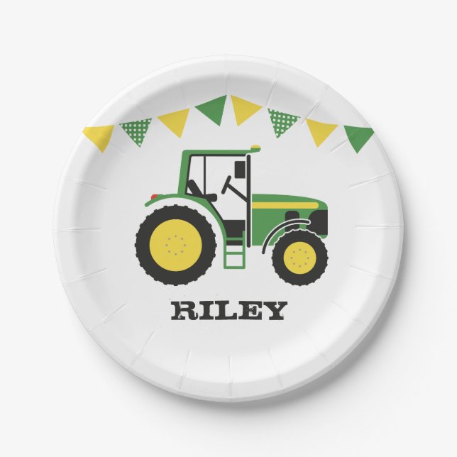 Green Tractor Birthday Party Paper Plate (Front)