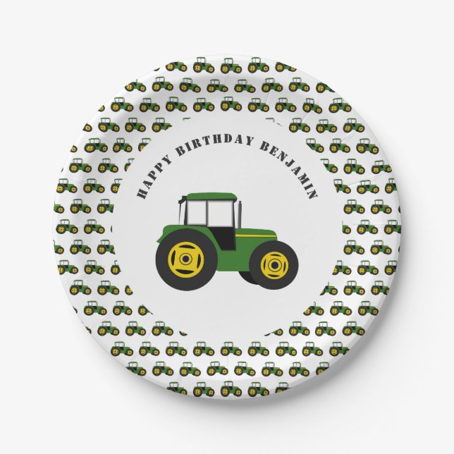 Green Tractor Birthday Personalised Paper Plates (Front)