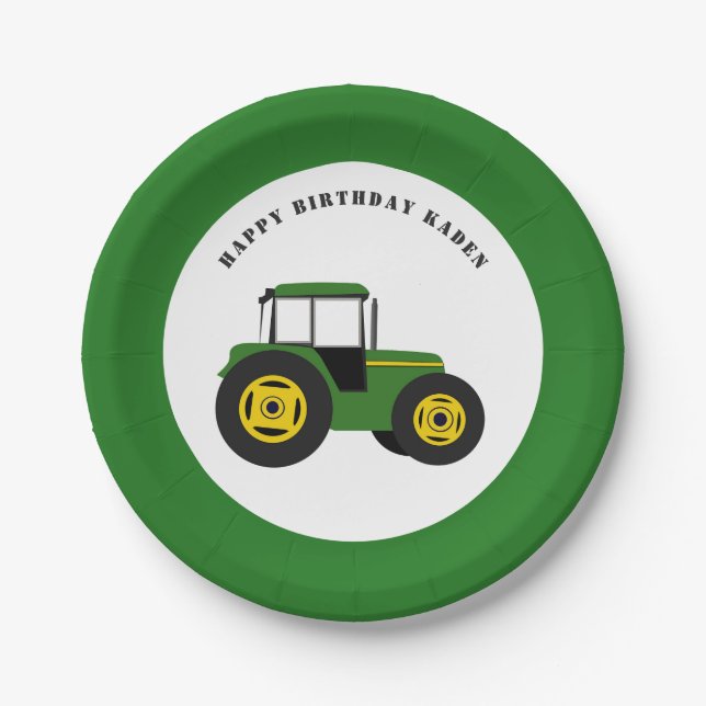 Green Tractor Birthday Personalised Paper Plates (Front)