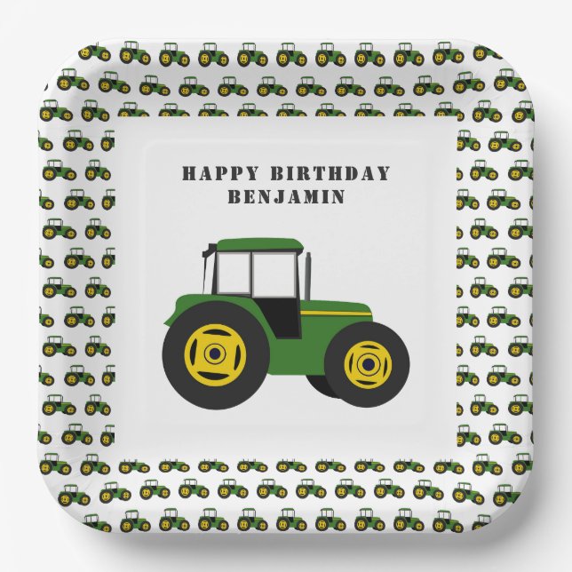 Green Tractor Birthday Personalised Paper Plates (Front)