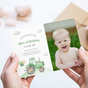 Green Tractor Birthday Photo Invitation 