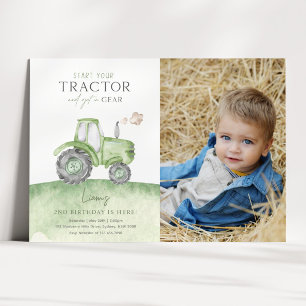 Green Tractor Birthday Photo Invitation
