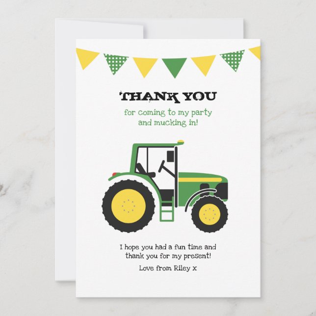 Green Tractor Birthday Thank You Note Card (Front)