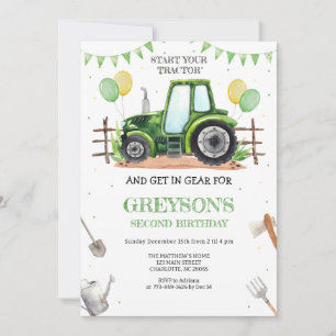 Green Tractor Boy Birthday Invitation
