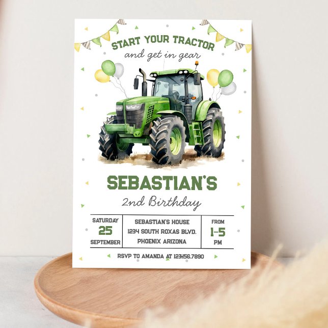 Green Tractor Boy Birthday Invitation (Creator Uploaded)