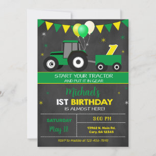 Green tractor boy's 1st first birthday invitation. invitation