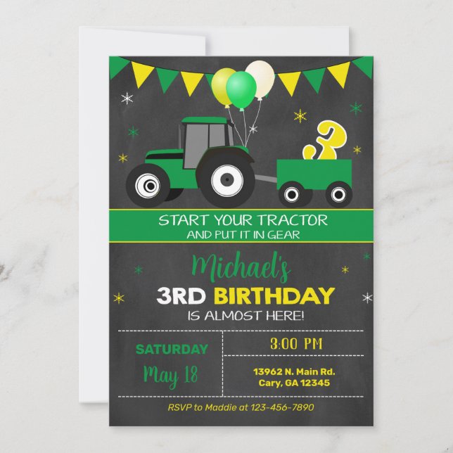 Green tractor boy's 3rd third birthday invitation. invitation (Front)
