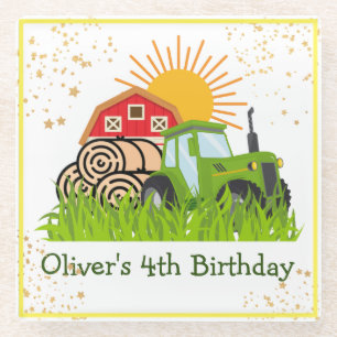 Green Tractor   Boys Themed Birthday Party  Glass Coaster