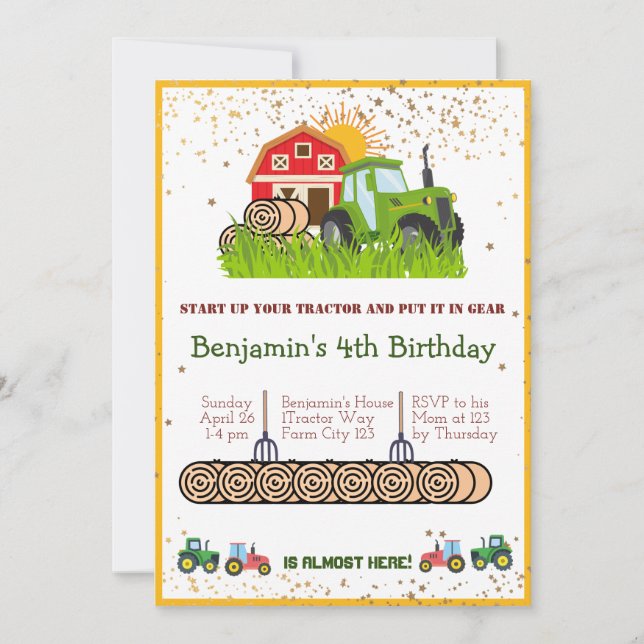 Green Tractor | Boys Themed Birthday Party Invitation (Front)