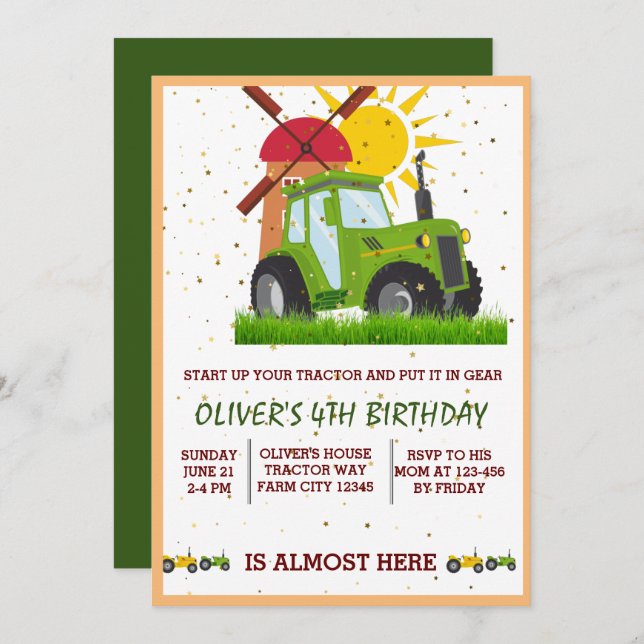 Green Tractor Boys Themed Birthday Party  Invitation (Front/Back)