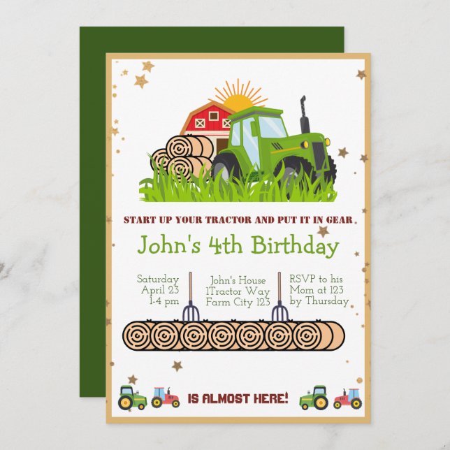 Green Tractor |	Boys Themed Birthday Party Invitation (Front/Back)