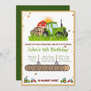 Green Tractor Boys Themed Birthday Party Invitation
