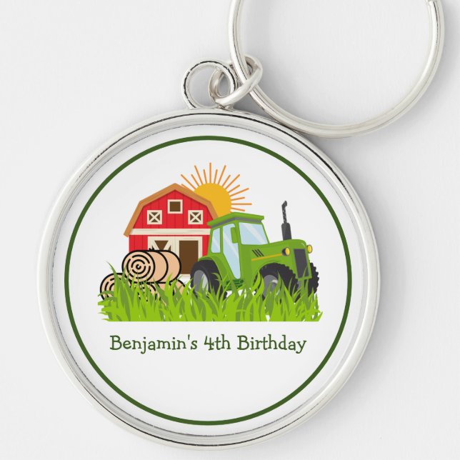 Green Tractor | Boys Themed Birthday Party Key Ring (Front)