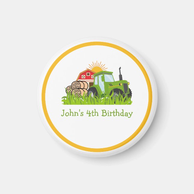 Green Tractor | Boys Themed Birthday Party Magnet (Front)