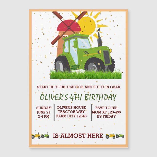Green Tractor Boys Themed Birthday Party  Magnetic Invitation (Front)