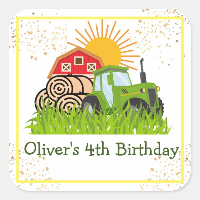 Green Tractor | Boys Themed Birthday Party  Square Sticker (Front)