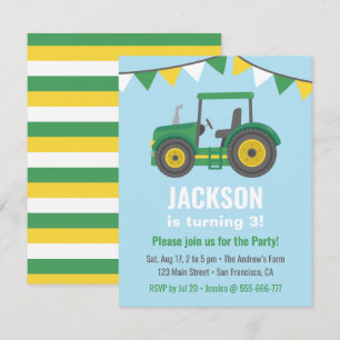 Green Tractor Bunting Flags Boys Birthday Party Invitation