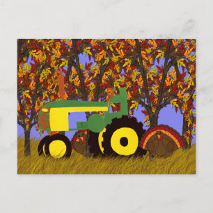 Green Tractor by Autumn Trees and Turkeys Postcard