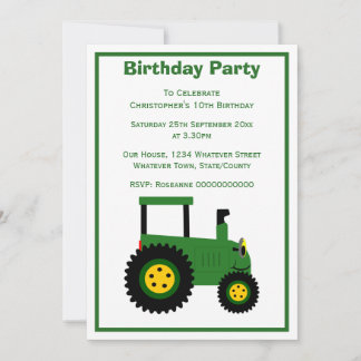 Green Tractor Design Personalised Birthday Party Invitation
