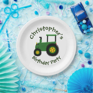 Green Tractor Design Personalised Birthday Party Paper Plate