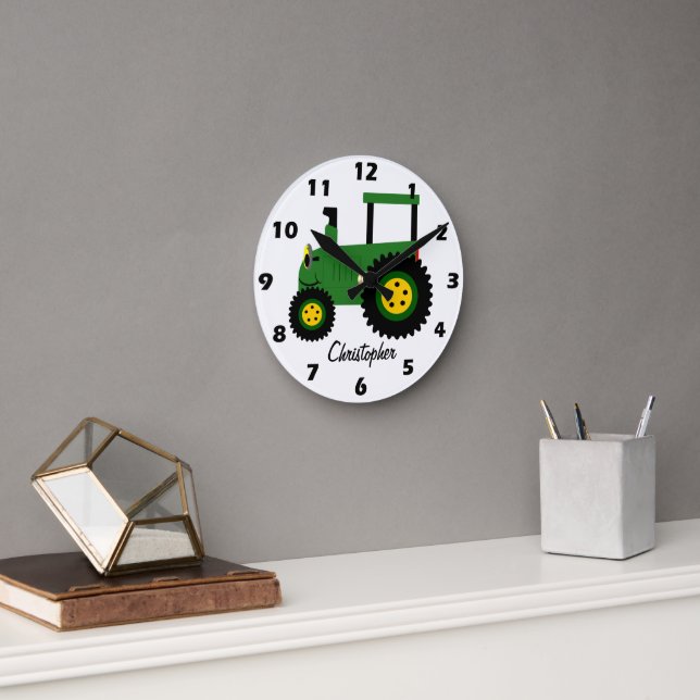 Green Tractor Design Personalised Round Clock (Office)